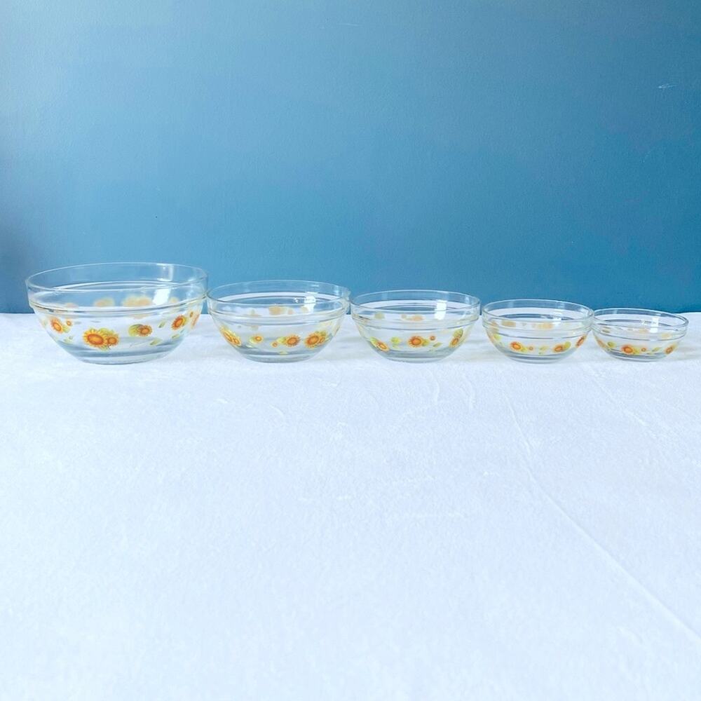 Set 5 Vintage Imperial Glass Sunflower Flower Dute Nesting Bowls, Daisy, Yellow